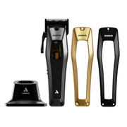 ANDIS clipper set on a white background, featuring a black clipper with a gold accent, a black stand, and two interchangeable heads in gold and black.