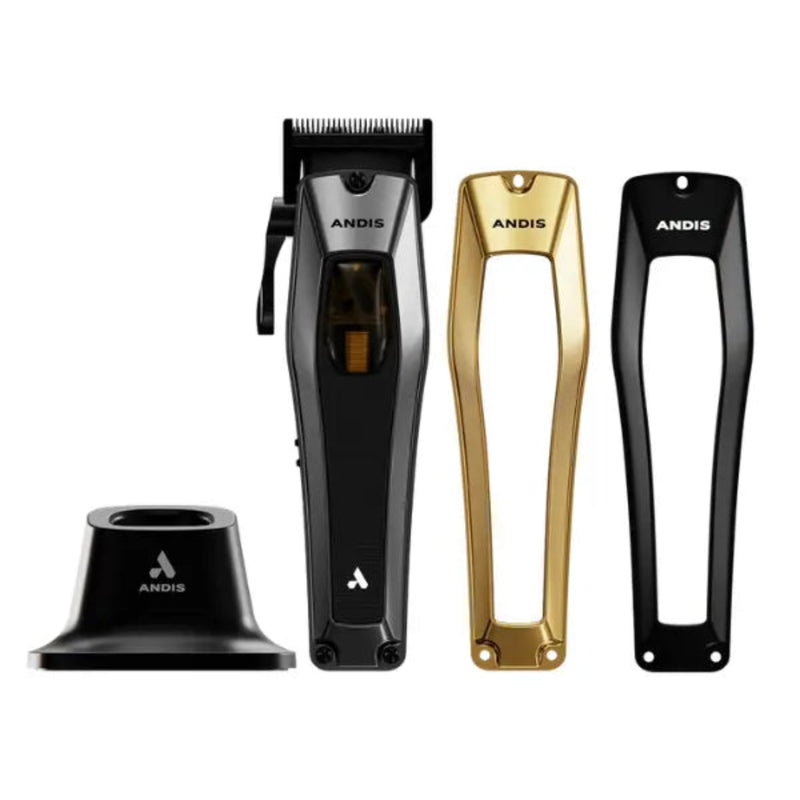 ANDIS clipper set on a white background, featuring a black clipper with a gold accent, a black stand, and two interchangeable heads in gold and black.