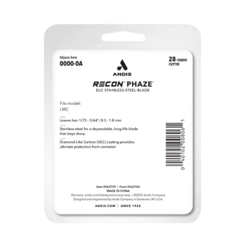 Andis Recon Phaze blade packaging with product details on a white background