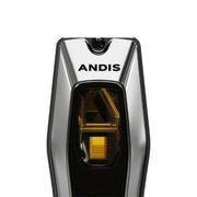 Close-up of the rear light assembly of an ANDIS vehicle light, featuring a metallic silver outer casing, a black textured lower section, and a yellow amber light element visible through a clear lens.