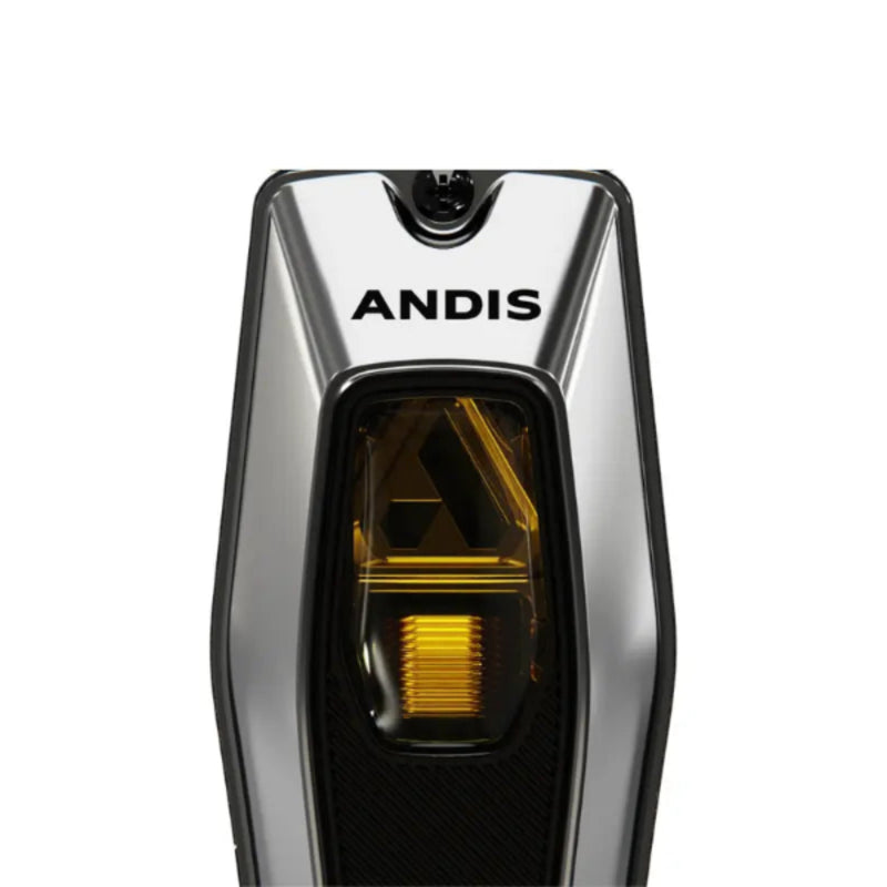Close-up of the rear light assembly of an ANDIS vehicle light, featuring a metallic silver outer casing, a black textured lower section, and a yellow amber light element visible through a clear lens.