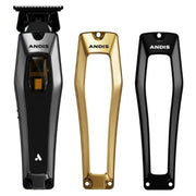 Three ANDIS electric trimmer accessories shown on a plain white background: a black-and-gray trimmer on the left, a gold trimmer guard in the center, and a black trimmer guard on the right.