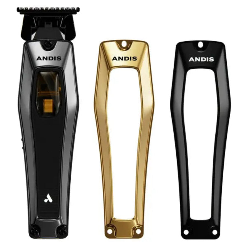 Three ANDIS electric trimmer accessories shown on a plain white background: a black-and-gray trimmer on the left, a gold trimmer guard in the center, and a black trimmer guard on the right.