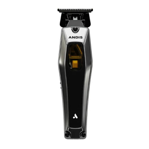 An Andis cordless hair trimmer shown vertically against a plain white background. The trimmer features a metallic silver and black body with a small amber window in the center and the brand name 'ANDIS' printed on the upper section.