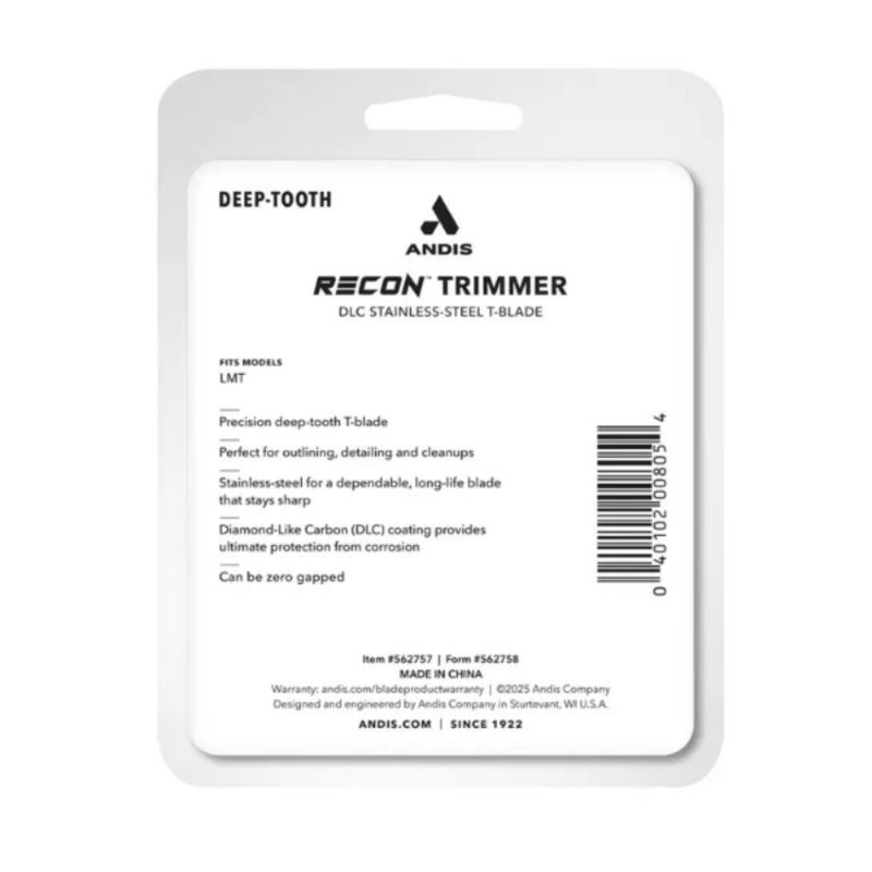 Andis Recon Trimmer packaging with product details on a white background