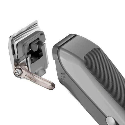A close-up studio shot of a cordless hair clipper showing both the clipper head with exposed blades and the main handle body, on a plain white background.