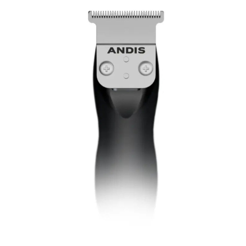 An Andis professional clipper shown vertically against a white background with a soft reflection below. The clipper features a black ergonomic handle and a silver metal head with the brand name 'ANDIS' printed on it.
