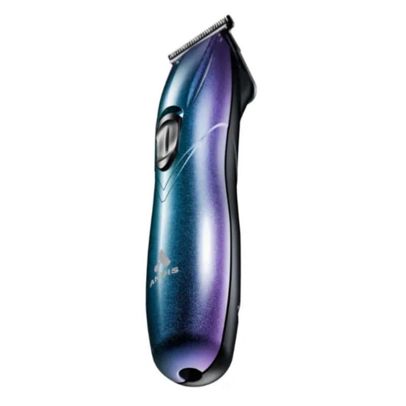 A handheld electric hair trimmer with a metallic blue-to-purple gradient body, black trimmer head, and power button, shown on a plain white background.