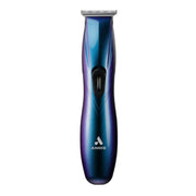 A handheld electric trimmer with a metallic blue and purple gradient finish, featuring a black power button and the ANDIS brand logo on the front, set against a plain white background.