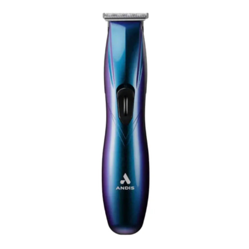 A handheld electric trimmer with a metallic blue and purple gradient finish, featuring a black power button and the ANDIS brand logo on the front, set against a plain white background.
