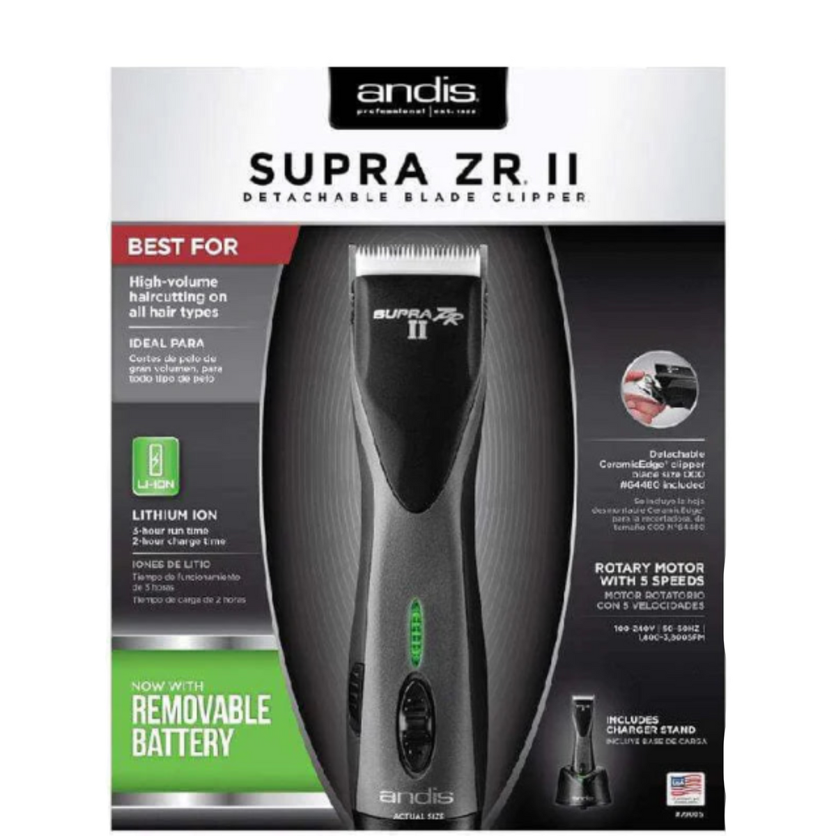 Andis Supra ZR II Cordless Dual Voltage Blade Clipper #79160 — Vip