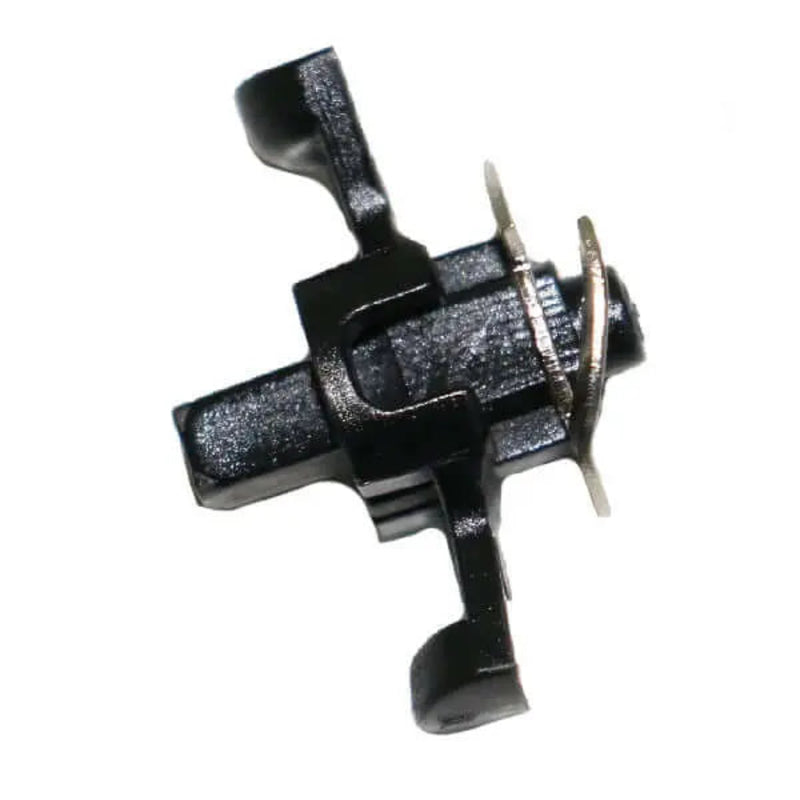A small black plastic electrical connector or terminal component with two silver metal pins, shown on a plain white background.