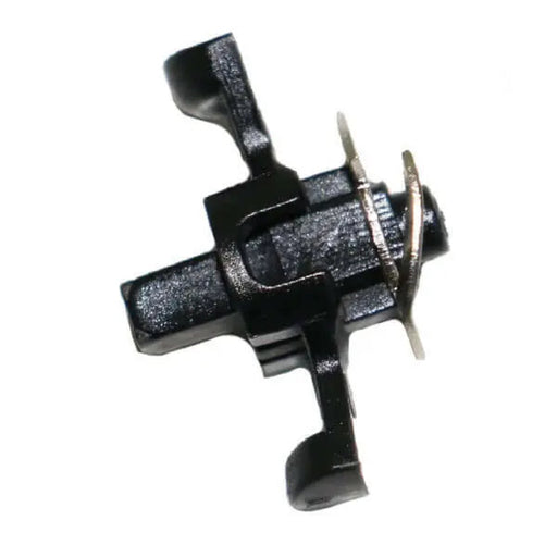 A small black plastic electrical connector or terminal component with two silver metal pins, shown on a plain white background.