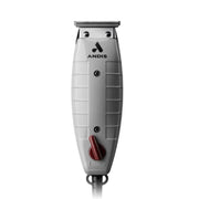 An Andis professional electric hair clipper shown from the back, featuring a textured gray handle, a red power switch, and a silver metal blade housing, isolated on a white background.