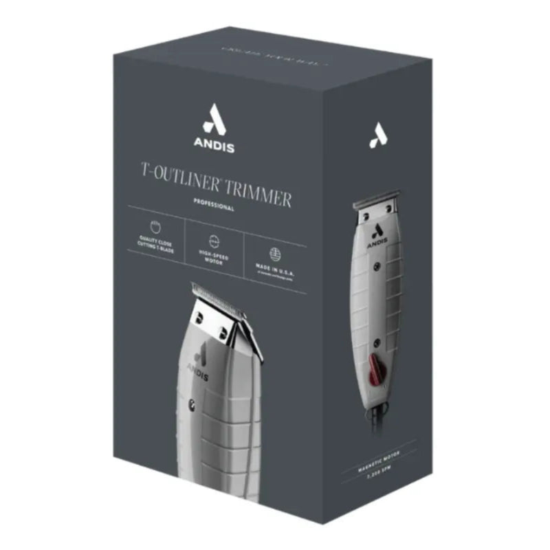 ANDIS T-Outliner Trimmer professional retail packaging box, shown at a three-quarter angle on a plain white background.