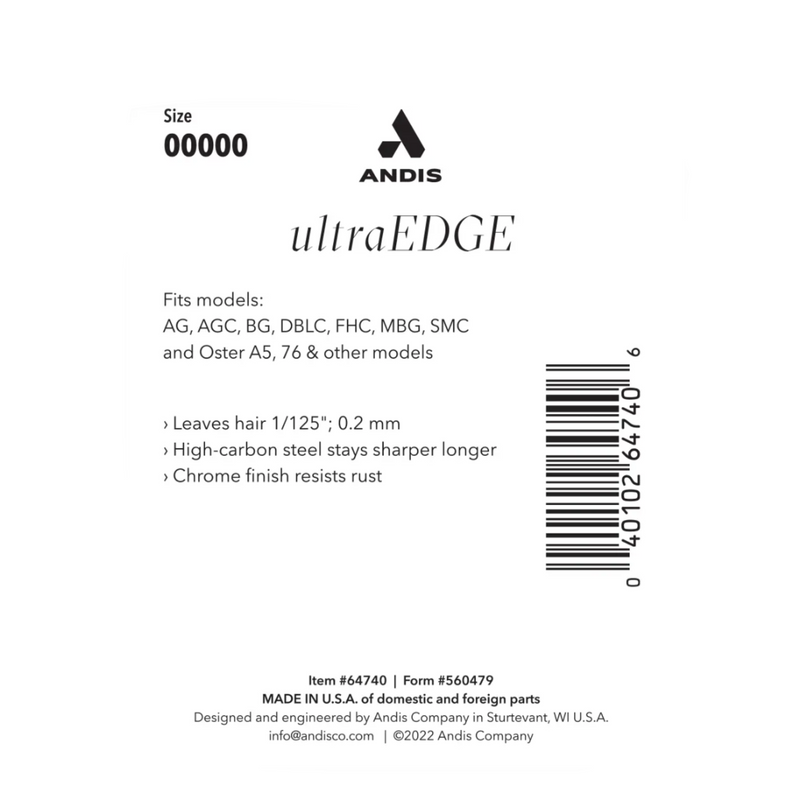 A white plastic retail card for Andis ultraEDGE nail clippers, showing product information, size 00000, a barcode, and fit notes for AG, AGC, BG, DBLC, FHC, MBG, SMC, Oster A5, and 76.