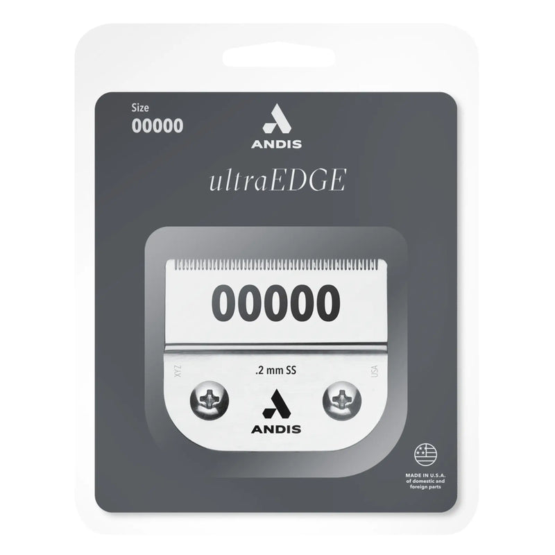 Andis ultraEDGE digital clipper size 00000 in its original retail blister packaging, showing the silver clipper inside a dark gray and white card sleeve.