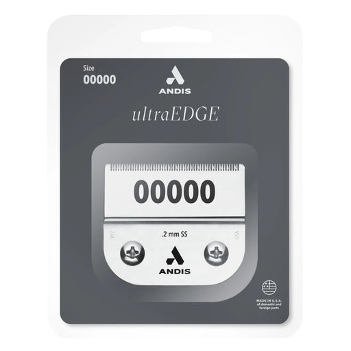 Andis ultraEDGE digital clipper size 00000 in its original retail blister packaging, showing the silver clipper inside a dark gray and white card sleeve.