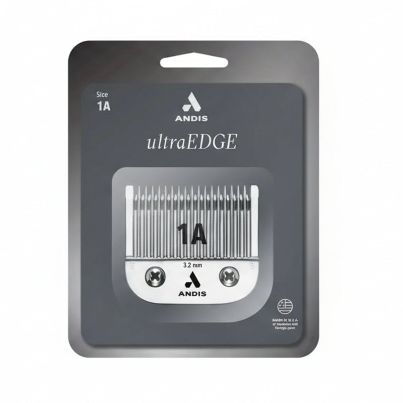 Andis ultraEDGE hair clipper blade packaging with size 1A on a gray background