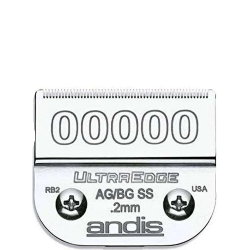 Andis UltraEdge AG/BG SS .2mm clipper blade, model RB2, featuring a silver metallic finish, a large '00000' marking, and two screws on a plain white background.