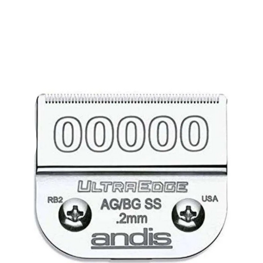 Andis UltraEdge AG/BG SS .2mm clipper blade, model RB2, featuring a silver metallic finish, a large '00000' marking, and two screws on a plain white background.
