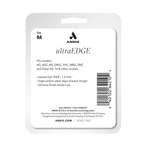 A white plastic retail card for an ANDIS ultraEDGE blade replacement part, showing product information, model compatibility, a barcode, and the ANDIS logo on a plain white background.