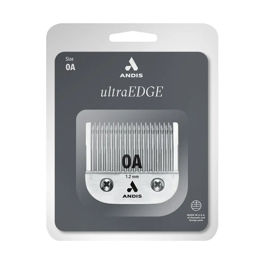 Andis ultraEDGE OA 1.2 mm clipper blade in its original retail blister packaging, featuring a silver metal blade with black printed text and logo on a dark gray card insert.