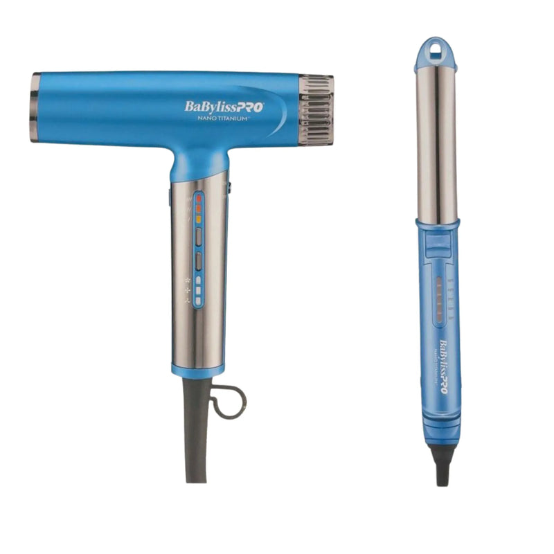 BaBylissPRO Nano Titanium blue hair dryer and curling iron set, professional salon styling tools isolated on white background