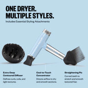 BaBylissPRO iced blue nano hair dryer with diffuser, concentrator, and straightening pick for multiple styling options