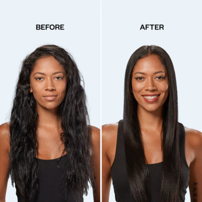 Before and after hair transformation using BaBylissPRO Nano Titanium dryer showing frizz control and smooth straight finish
