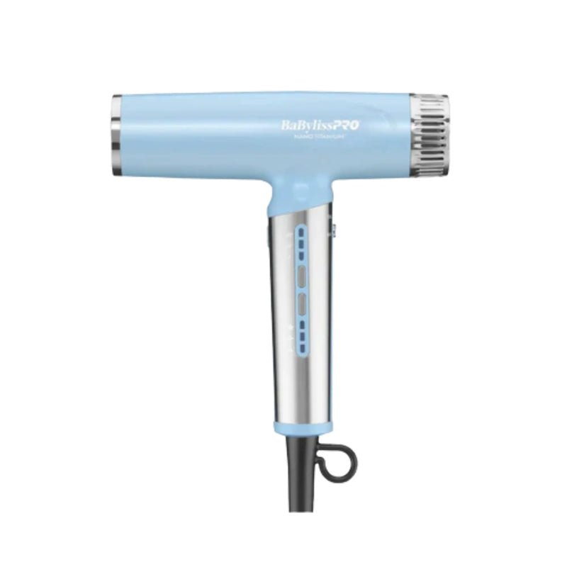 BaBylissPRO Nano Titanium iced blue professional hair dryer front view with sleek compact design
