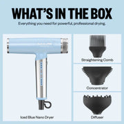 BaBylissPRO iced blue nano dryer kit with diffuser, concentrator nozzle, and straightening comb attachments included