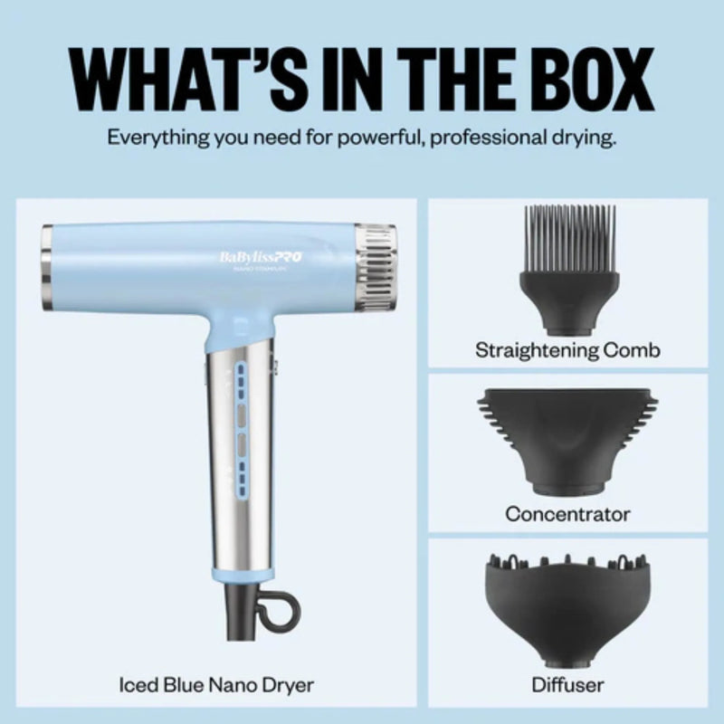BaBylissPRO iced blue nano dryer kit with diffuser, concentrator nozzle, and straightening comb attachments included