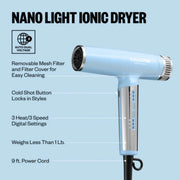 BaBylissPRO Nano Titanium ionic hair dryer features including dual voltage, 3 heat settings, cold shot, and removable filter
