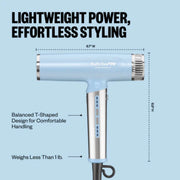 BaBylissPRO iced blue nano hair dryer dimensions showing compact lightweight design under 1 lb with T-shaped handle