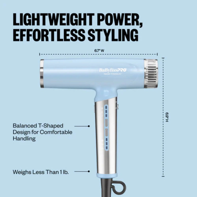 BaBylissPRO iced blue nano hair dryer dimensions showing compact lightweight design under 1 lb with T-shaped handle