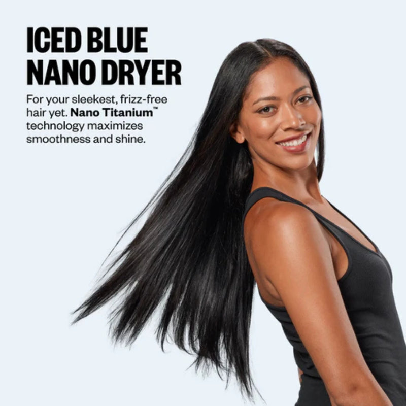 Woman with sleek straight hair styled using BaBylissPRO Nano Titanium iced blue hair dryer for frizz-free shine