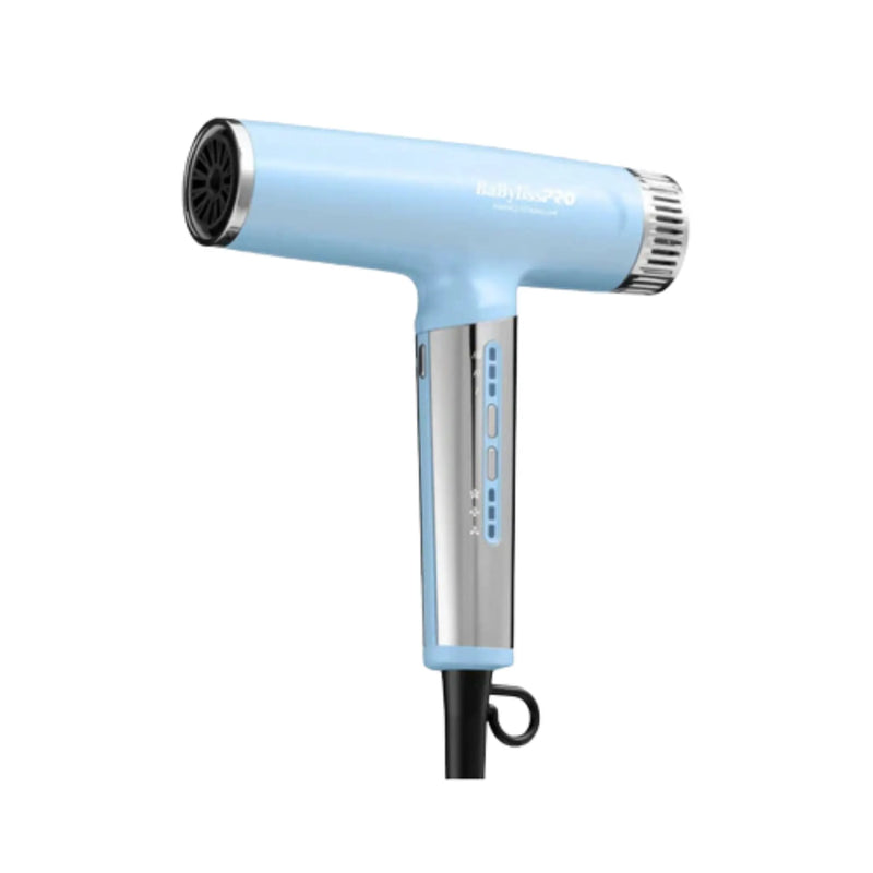 BaBylissPRO Nano Titanium iced blue hair dryer side view with lightweight T-shaped ergonomic design