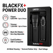 BaBylissPRO Power Duo Limited FX Collection cordless clipper and trimmer set in a black retail box, with feature callouts on a white background.