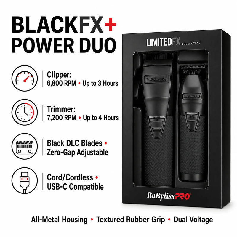 BaBylissPRO Power Duo Limited FX Collection cordless clipper and trimmer set in a black retail box, with feature callouts on a white background.