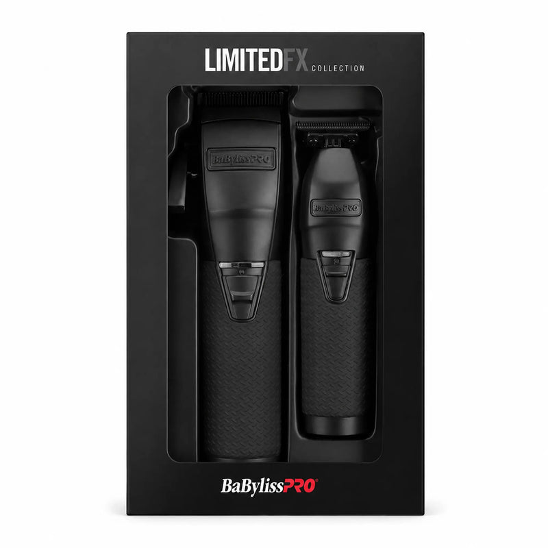 BaBylissPRO LIMITED FX COLLECTION cordless hair clipper set in black, shown inside its original retail packaging box against a white background.