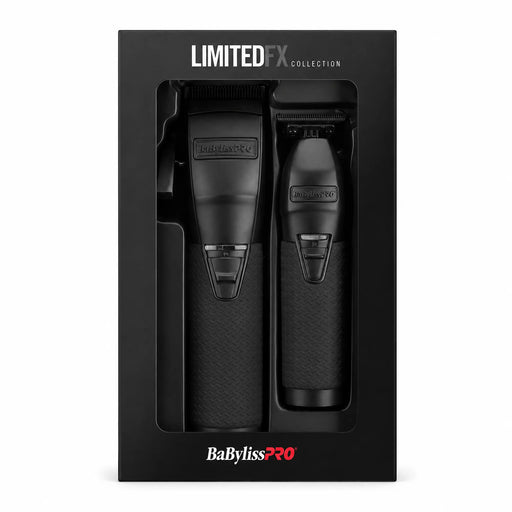 BaBylissPRO LIMITED FX COLLECTION cordless hair clipper set in black, shown inside its original retail packaging box against a white background.