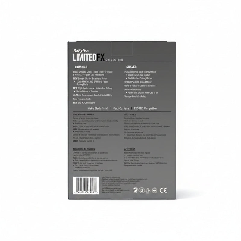 The back of a Grayliss Limited Collection trimmer and shaver product box, showing specifications and compatibility details in white text on a dark gray background, isolated on a white studio background.