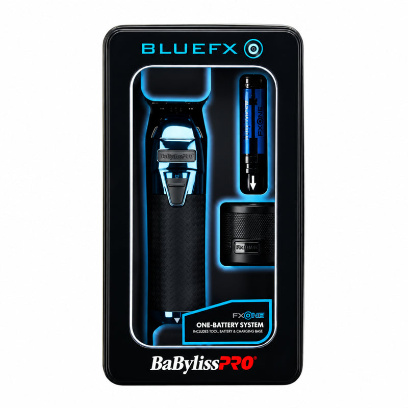 BaBylissPRO BlueFX Pro 8 grooming kit in its original retail packaging, featuring a black electric trimmer, a blue and black battery, and accessories inside a black box with blue and white branding.