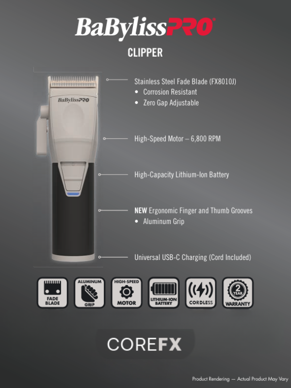 BabylissPro COREFX Clipper FX86 SS Blade, High-Speed Motor & USB-C