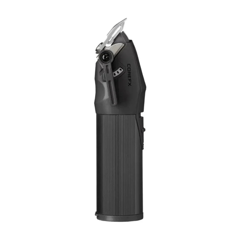 A black electric hair clipper shown from the side against a plain white background, featuring a textured grip and a silver metal blade.