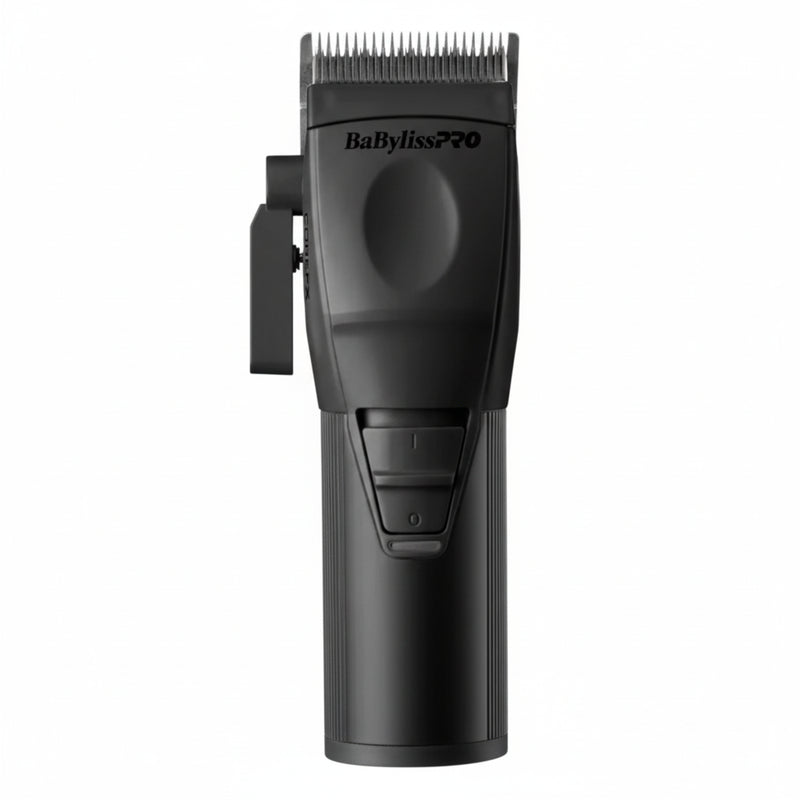 BabylissPRO hair clipper shown upright on a white background, with a small inset showing the upgraded blade packaging and blade detail.
