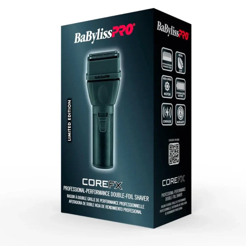 BaBylissPRO CoreFX Professional Double-Foil Shaver in a dark metallic teal-green color, shown in its black and dark gray retail packaging box against a white background.