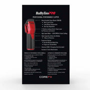 A product information card for the BaBlyss P70 Professional Performance Clipper by COREFX, featuring a black background with white and red text and a small red-and-black clipper illustration.