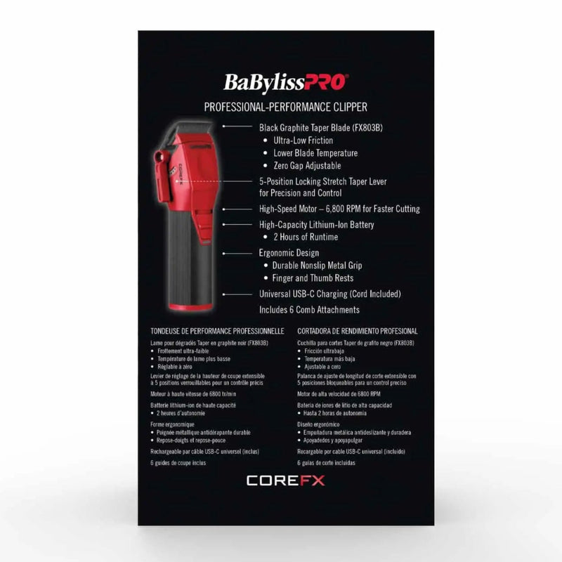 A product information card for the BaBlyss P70 Professional Performance Clipper by COREFX, featuring a black background with white and red text and a small red-and-black clipper illustration.